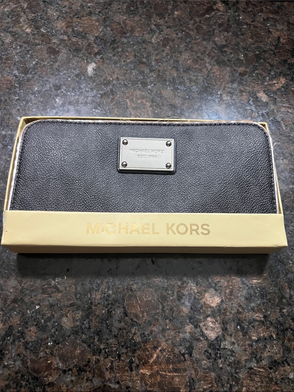 Michael Kors Black Leather Zip Wallet with Silver Plaque